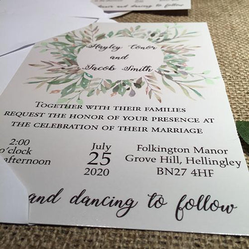 Wedding invitation personalised created to order watercolour green floral invite evening invitation