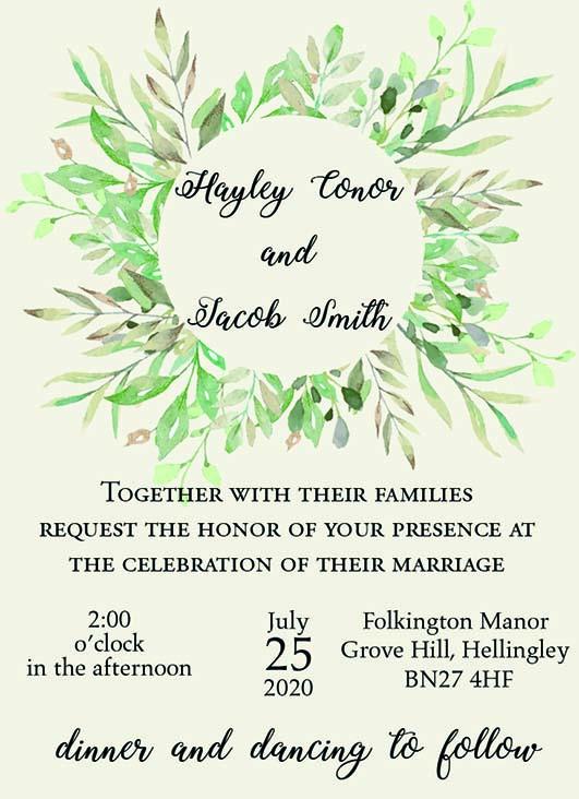 Wedding invitation personalised created to order watercolour green floral invite evening invitation