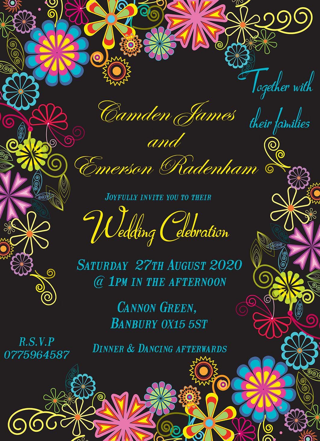 Wedding invitation personalised created to order psycheledic day invite evening invitation