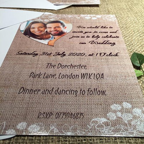Wedding invitation personalised created to order your photo heart hessian day invite evening invitation