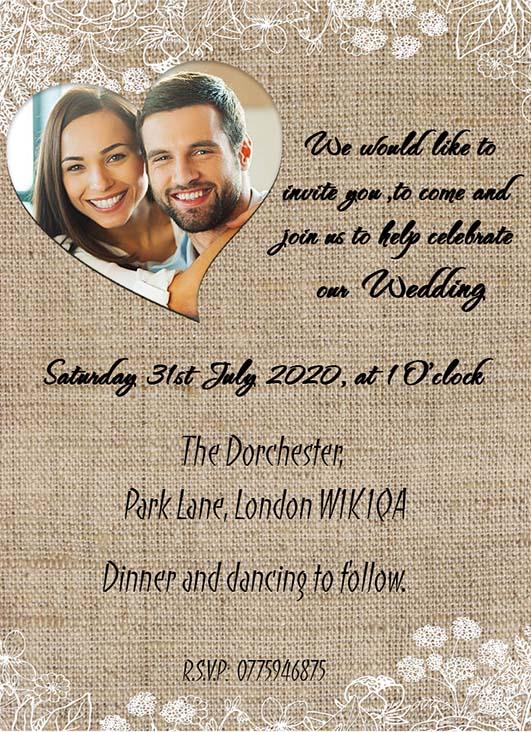 Wedding invitation personalised created to order your photo heart hessian day invite evening invitation