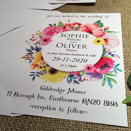 Wedding invitation personalised created to order summer flower circle day invite evening invitation