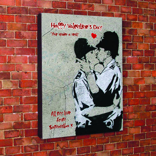 Banksy Print Kissing policeman personalised valentines canvas
