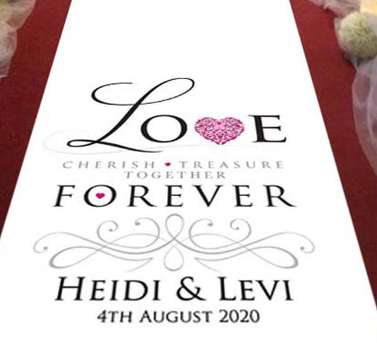 Personalised Aisle runner LOVE treasure forever cherish pink heart bride and groom