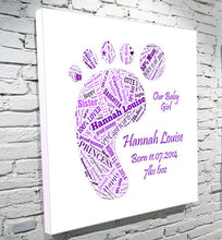 Load image into Gallery viewer, Baby foot birth announcement word art DOB weight birthday canvas gift christening

