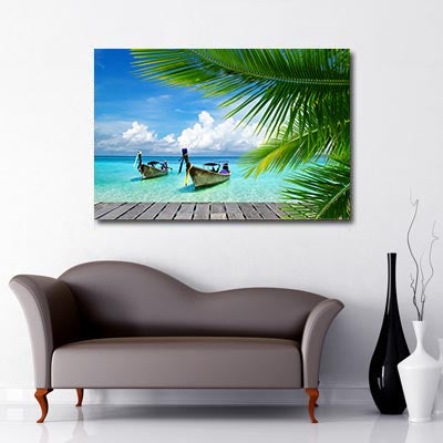 Boats on the sea palm tree canvas