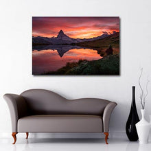 Load image into Gallery viewer, Landscape canvas of Matterhorn reflection at sunset in lake
