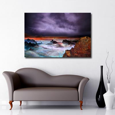 Rough Seas in stormy weather with purple clouds and lightening 