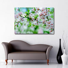 Load image into Gallery viewer, Landscape Canvas of Apple tree branch with pale pink apple blossoms
