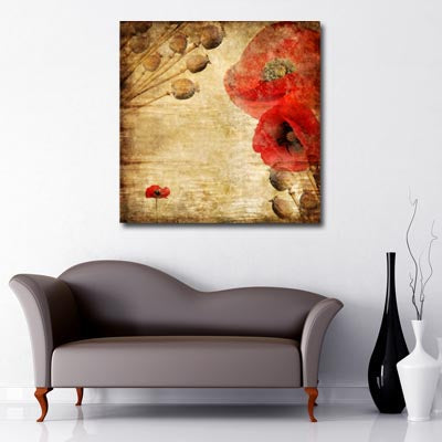 Square Canvas Art of vintage poppy print in red and natural colours 