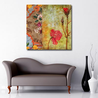 Square Canvas Art of vintage rose print in red and natural colours 