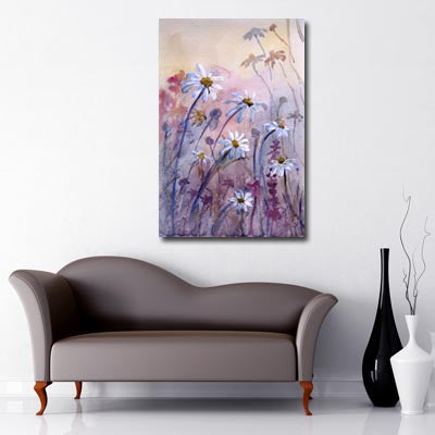 Portrait Art Canvas of pastel coloured watercolour painted daisies in fields 