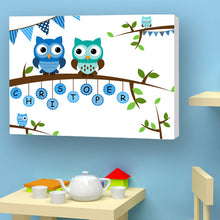 Load image into Gallery viewer, Owl canvas personalised name boy blue birth christening birthday gift 
