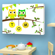 Load image into Gallery viewer, Owl canvas personalised name yellow green birth christening birthday gift 
