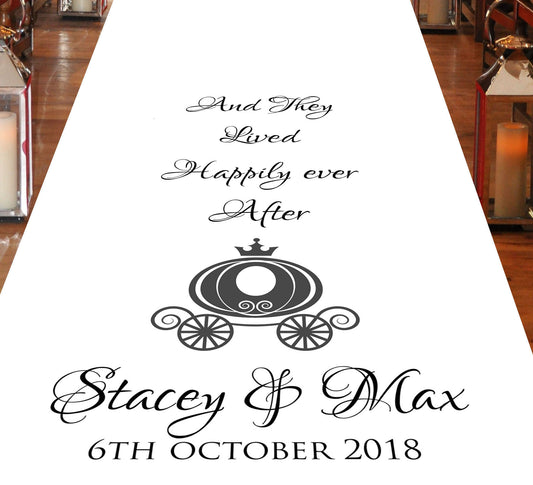 personalised wedding aisle runner pumpkin carriage fairytale disney themed wedding venue bride and groom