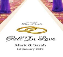 Load image into Gallery viewer, personalised wedding aisle runner entwined rings theme venue bride and groom
