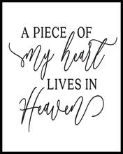 Load image into Gallery viewer, a piece of my heart lives in heaven is an ideal quote for a funeral or sympathy message, printed on high quality card

