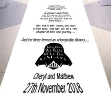 Load image into Gallery viewer, personalised wedding aisle runner Starwars theme wedding sci fi Rulers of the galaxy venue
