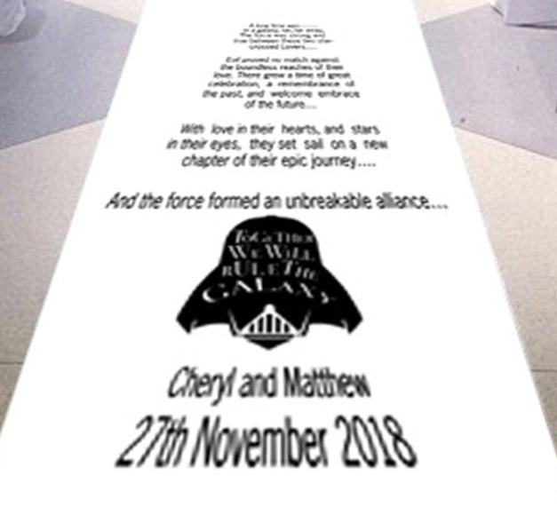 personalised wedding aisle runner Starwars theme wedding sci fi Rulers of the galaxy venue