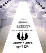 Load image into Gallery viewer, personalised wedding aisle runner with SciFi Starwars themes
