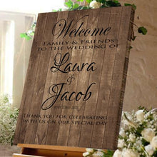Load image into Gallery viewer, Wedding welcome sign wedding celebration bride and Groom Dark Wood canvas
