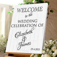 Load image into Gallery viewer, Wedding welcome sign wedding celebration bride and Groom white wood effect canvas
