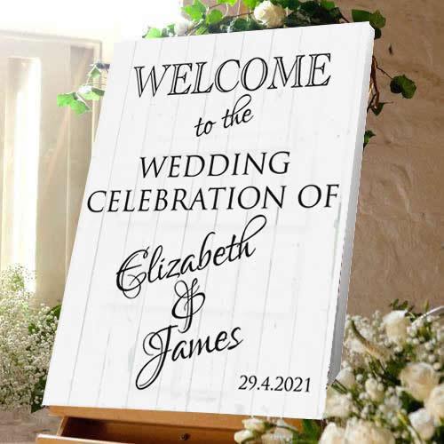 Wedding welcome sign wedding celebration bride and Groom white wood effect canvas