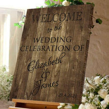 Load image into Gallery viewer, Wedding welcome sign wedding celebration bride and Groom dark wood effect canvas
