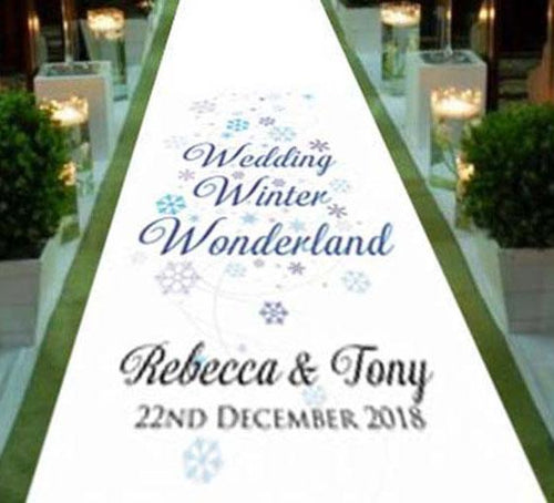 personalised wedding aisle runner winter wonderland  theme personalised venue bride and groom
