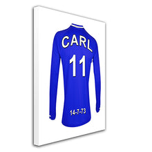 Load image into Gallery viewer, Chelsea blue and white  personalised football shirt canvas
