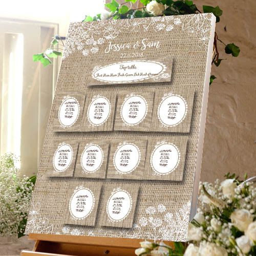 Hessian & Lace Themed Wedding Table Plan - Canvas Seating Meal Plan