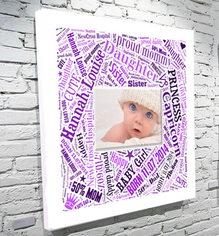 Bold square photo and words montage birth gift